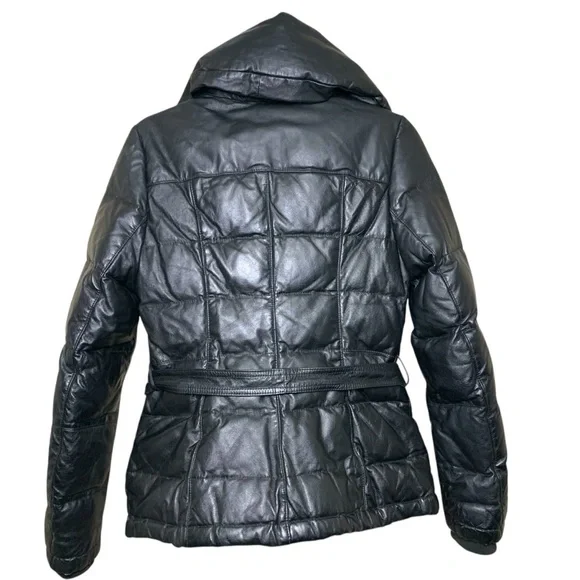 Danier Black Leather Puffer Jacket Sz XXS High Neck Bomber Quilted Winter Coat - Picture 4 of 16